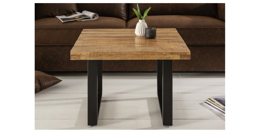 Table basse LODEN 60 cm en bois massif de manguier et métal noir – style industriel