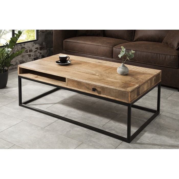 Table basse LODEN 100 cm aus massivem Mangoholz mit Stauraum und schwarzem Metall – Industriestil