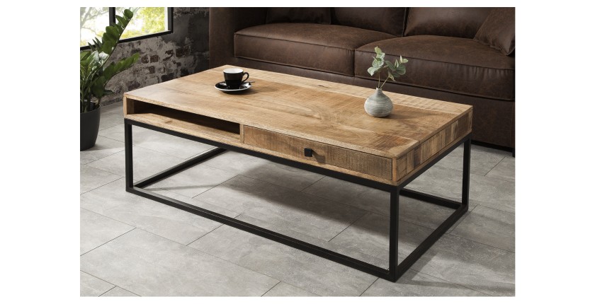 Table basse LODEN 100 cm en bois massif de manguier avec rangements et métal noir – style industriel