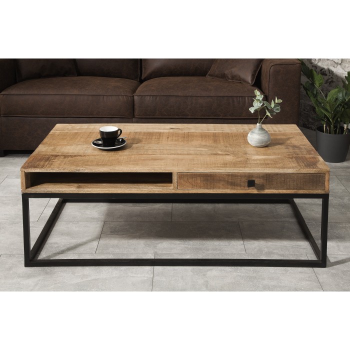 Table basse LODEN 100 cm aus massivem Mangoholz mit Stauraum und schwarzem Metall – Industriestil