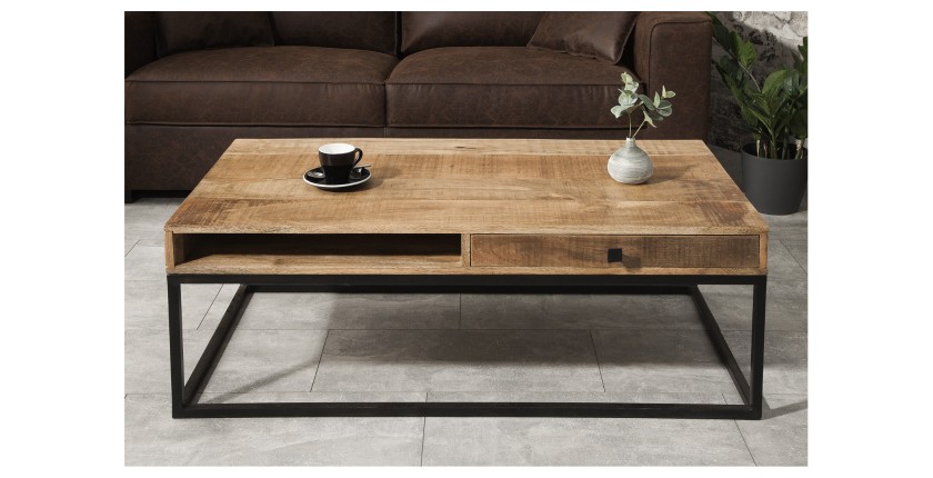 Table basse LODEN 100 cm en bois massif de manguier avec rangements et métal noir – style industriel