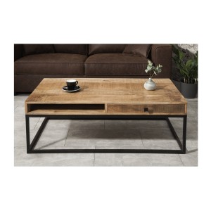 Table basse LODEN 100 cm en bois massif de manguier avec rangements et métal noir – style industriel