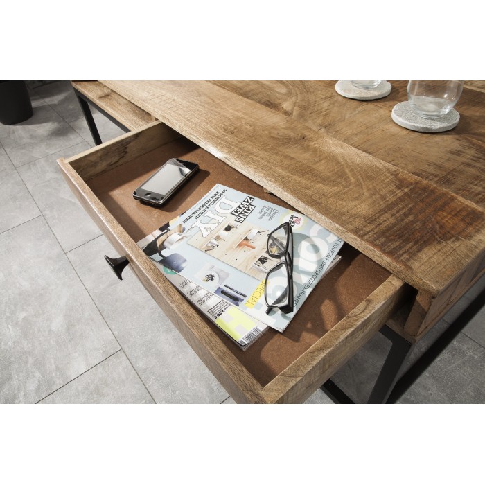 Table basse LODEN 100 cm aus massivem Mangoholz mit Stauraum und schwarzem Metall – Industriestil
