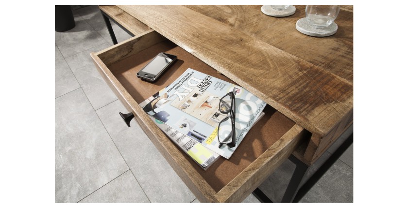 Table basse LODEN 100 cm en bois massif de manguier avec rangements et métal noir – style industriel