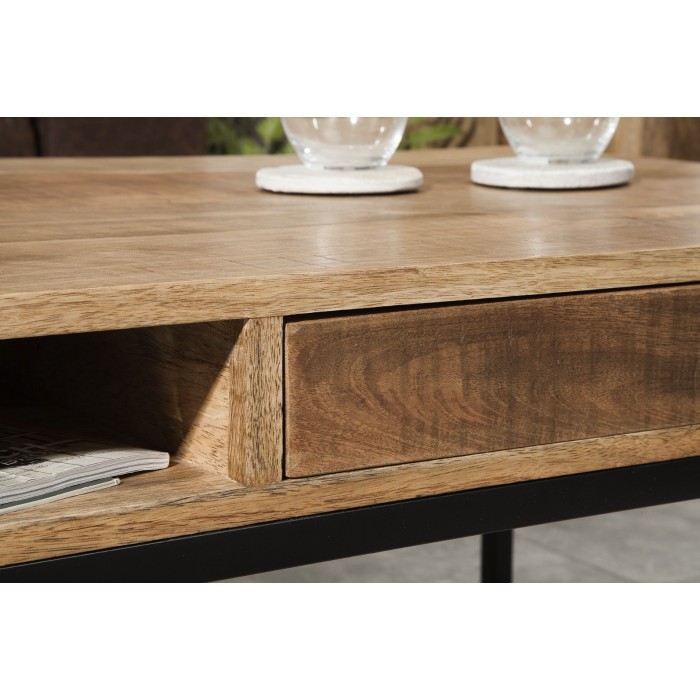 Table basse LODEN 100 cm aus massivem Mangoholz mit Stauraum und schwarzem Metall – Industriestil