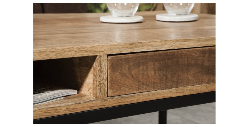 Table basse LODEN 100 cm en bois massif de manguier avec rangements et métal noir – style industriel