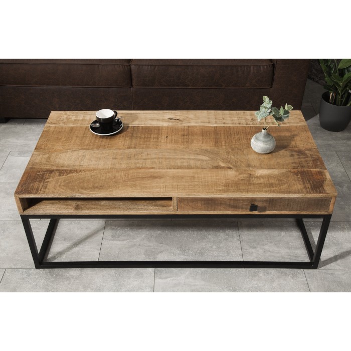 Table basse LODEN 100 cm aus massivem Mangoholz mit Stauraum und schwarzem Metall – Industriestil