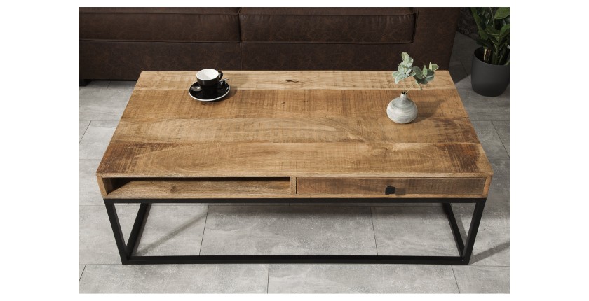 Table basse LODEN 100 cm en bois massif de manguier avec rangements et métal noir – style industriel