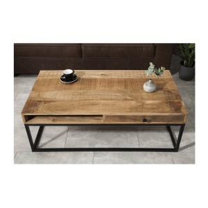 Table basse LODEN 100 cm en bois massif de manguier avec rangements et métal noir – style industriel