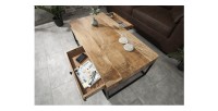 Table basse LODEN 100 cm en bois massif de manguier avec rangements et métal noir – style industriel
