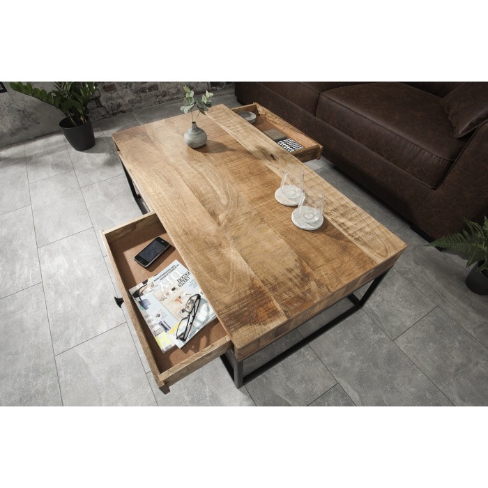 Table basse LODEN 100 cm aus massivem Mangoholz mit Stauraum und schwarzem Metall – Industriestil