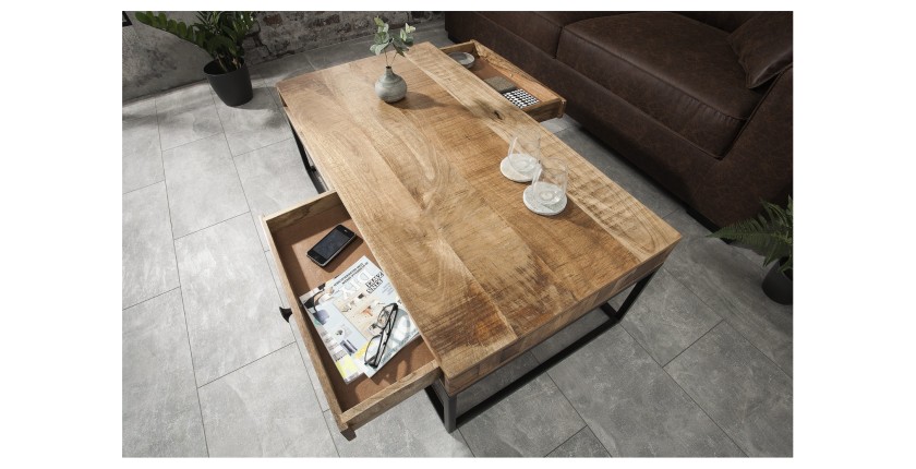 Table basse LODEN 100 cm en bois massif de manguier avec rangements et métal noir – style industriel
