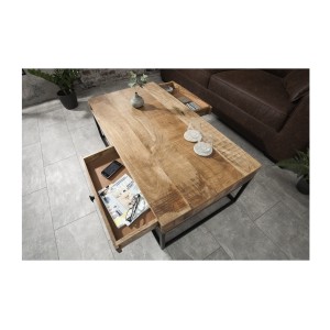 Table basse LODEN 100 cm en bois massif de manguier avec rangements et métal noir – style industriel