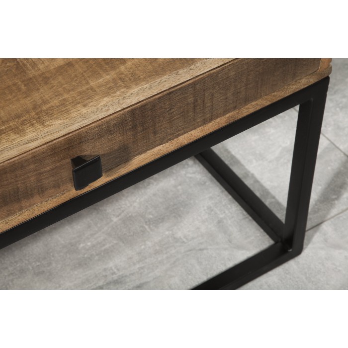 Table basse LODEN 100 cm aus massivem Mangoholz mit Stauraum und schwarzem Metall – Industriestil