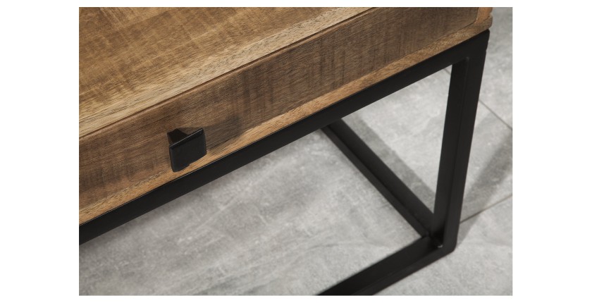 Table basse LODEN 100 cm en bois massif de manguier avec rangements et métal noir – style industriel