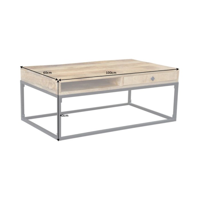 Table basse LODEN 100 cm aus massivem Mangoholz mit Stauraum und schwarzem Metall – Industriestil