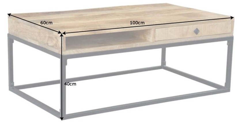 Table basse LODEN 100 cm en bois massif de manguier avec rangements et métal noir – style industriel