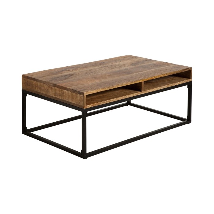Table basse LODEN 100 cm aus massivem Mangoholz mit Stauraum und schwarzem Metall – Industriestil