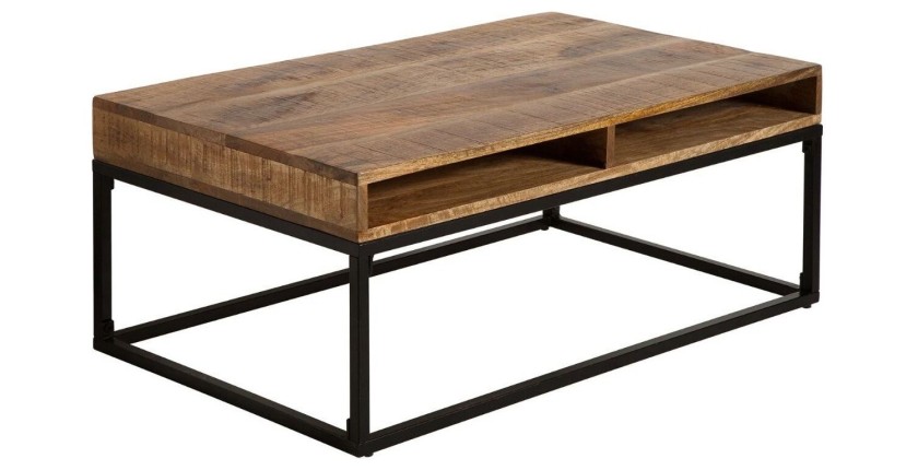 Table basse LODEN 100 cm en bois massif de manguier avec rangements et métal noir – style industriel