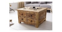 Table basse carrée LODEN 70 cm en bois massif de manguier avec coffre et 4 tiroirs – style industriel