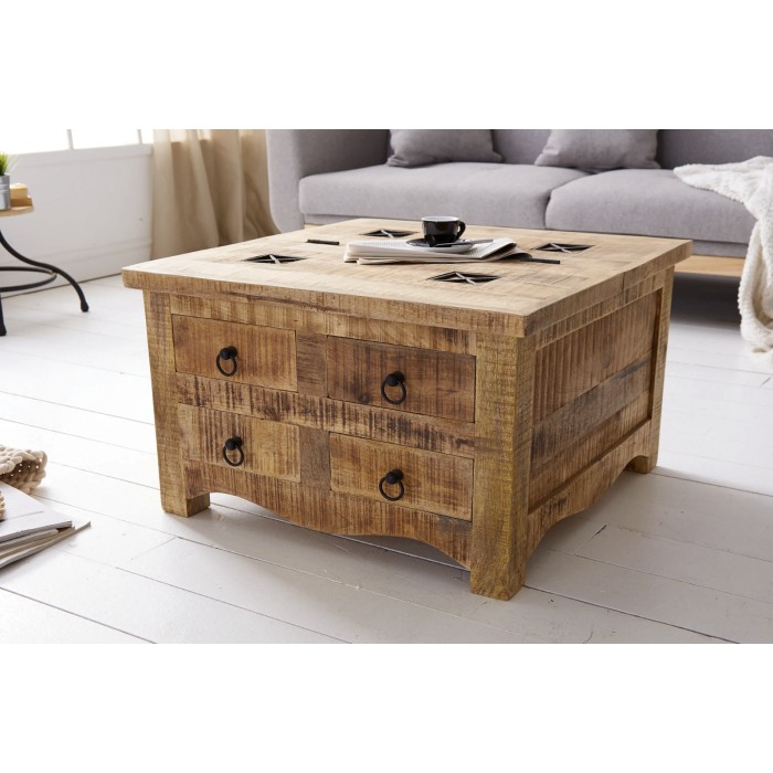 Quadratischer Couchtisch LODEN 70 cm aus massivem Mangoholz mit Truhe und 4 Schubladen – Industriestil