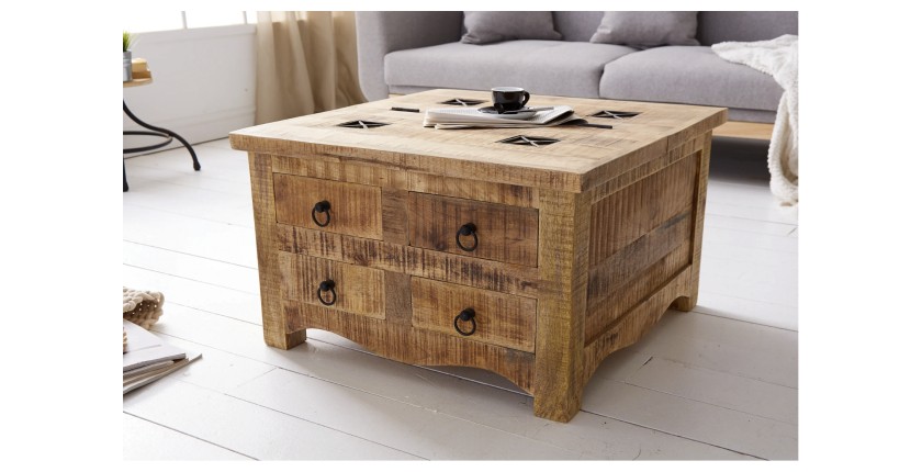 Table basse carrée LODEN 70 cm en bois massif de manguier avec coffre et 4 tiroirs – style industriel