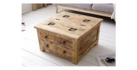 Table basse carrée LODEN 70 cm en bois massif de manguier avec coffre et 4 tiroirs – style industriel