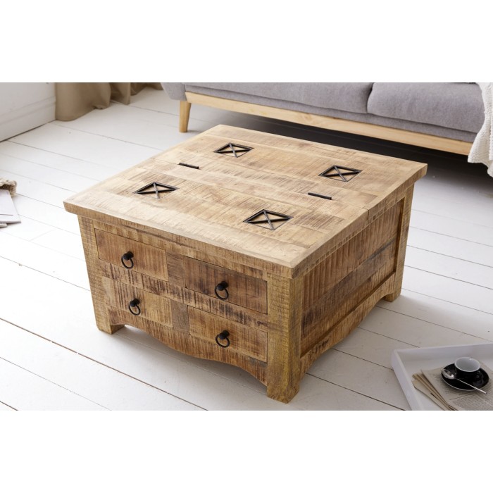 Quadratischer Couchtisch LODEN 70 cm aus massivem Mangoholz mit Truhe und 4 Schubladen – Industriestil