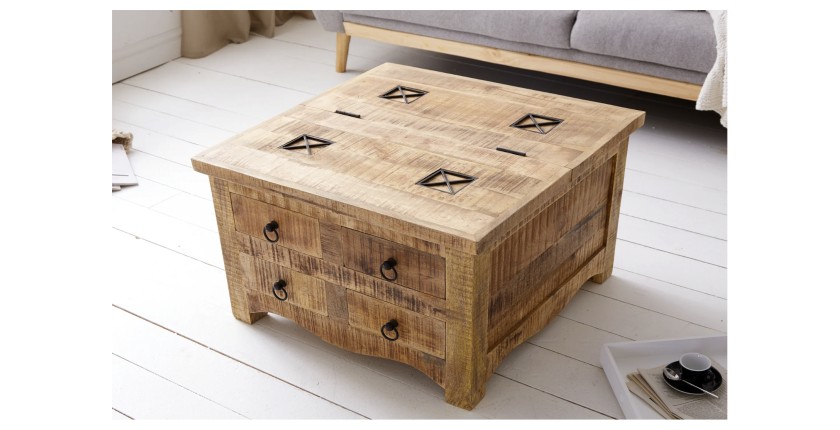 Table basse carrée LODEN 70 cm en bois massif de manguier avec coffre et 4 tiroirs – style industriel