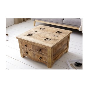 Table basse carrée LODEN 70 cm en bois massif de manguier avec coffre et 4 tiroirs – style industriel