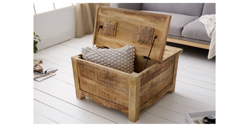 Table basse carrée LODEN 70 cm en bois massif de manguier avec coffre et 4 tiroirs – style industriel