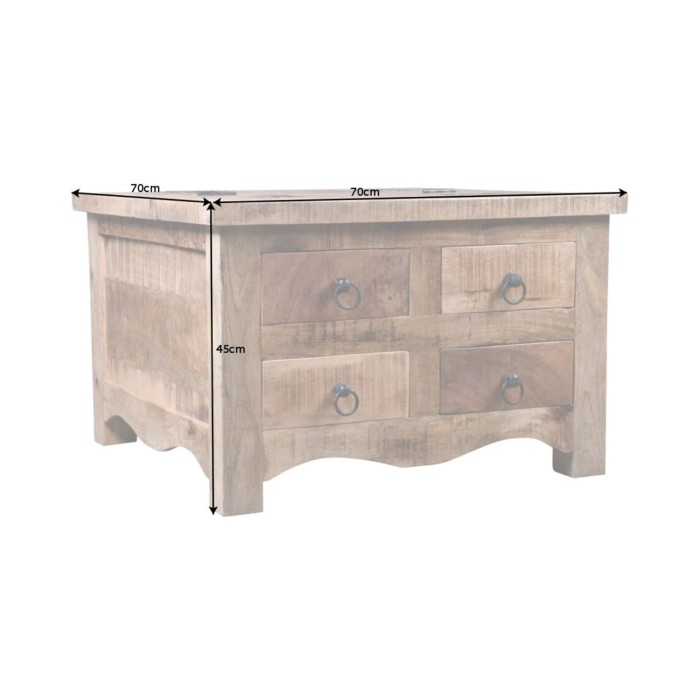 Quadratischer Couchtisch LODEN 70 cm aus massivem Mangoholz mit Truhe und 4 Schubladen – Industriestil