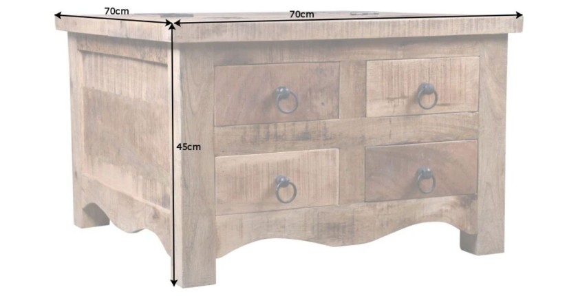 Table basse carrée LODEN 70 cm en bois massif de manguier avec coffre et 4 tiroirs – style industriel