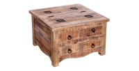 Table basse carrée LODEN 70 cm en bois massif de manguier avec coffre et 4 tiroirs – style industriel