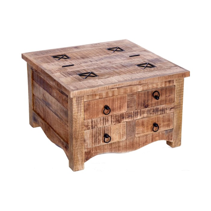 Quadratischer Couchtisch LODEN 70 cm aus massivem Mangoholz mit Truhe und 4 Schubladen – Industriestil