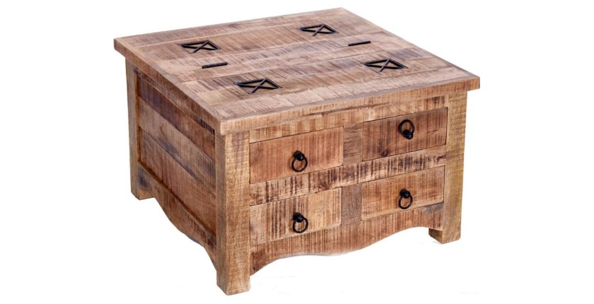 Table basse carrée LODEN 70 cm en bois massif de manguier avec coffre et 4 tiroirs – style industriel