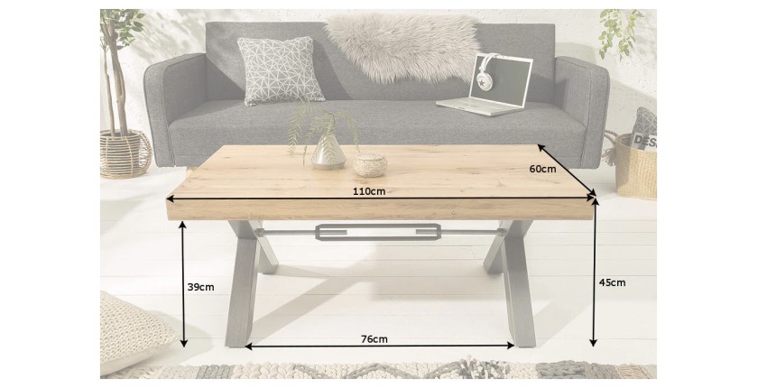 Table basse CAVARA 110 cm en bois massif de chêne huilé avec pieds métal noir en X – style industriel