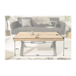 Table basse CAVARA 110 cm en bois massif de chêne huilé avec pieds métal noir en X – style industriel