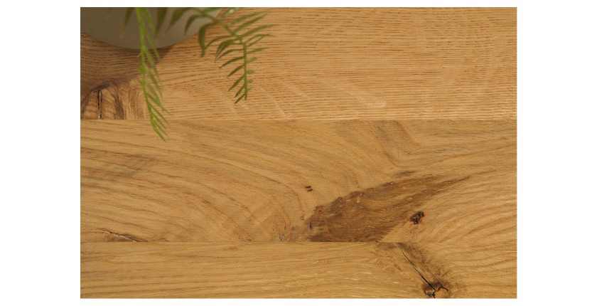 Table basse CAVARA 110 cm en bois massif de chêne huilé avec pieds métal noir en X – style industriel