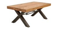 Table basse CAVARA 110 cm en bois massif de chêne huilé avec pieds métal noir en X – style industriel
