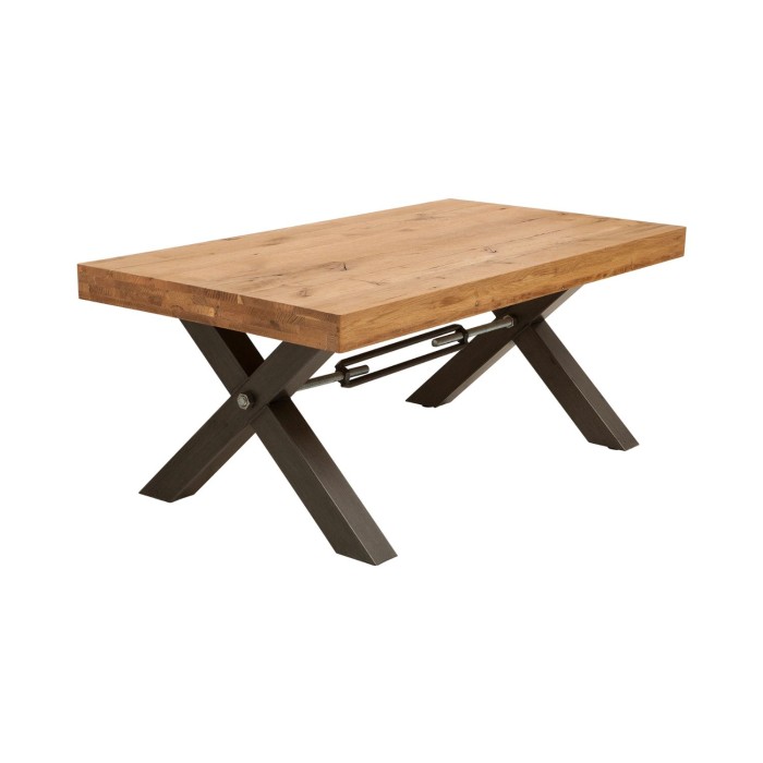Table basse CAVARA 110 cm aus massivem geöltem Eichenholz mit schwarzen Metallbeinen in X-Form – Industriestil