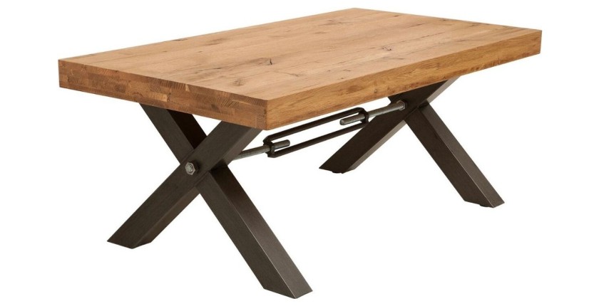 Table basse CAVARA 110 cm en bois massif de chêne huilé avec pieds métal noir en X – style industriel