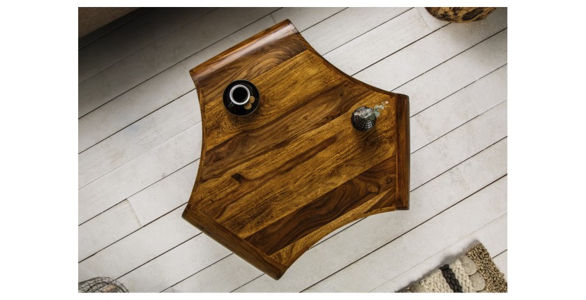 Table basse NERA 90 cm en bois massif de Sheesham avec niche et pieds métal noir – style rétro industriel
