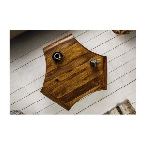 Table basse NERA 90 cm en bois massif de Sheesham avec niche et pieds métal noir – style rétro industriel