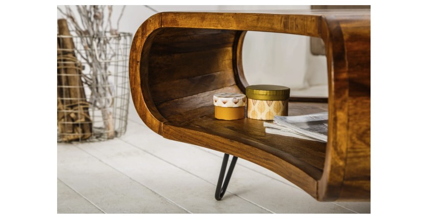 Table basse NERA 90 cm en bois massif de Sheesham avec niche et pieds métal noir – style rétro industriel