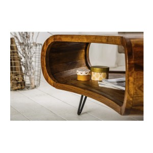 Table basse NERA 90 cm en bois massif de Sheesham avec niche et pieds métal noir – style rétro industriel