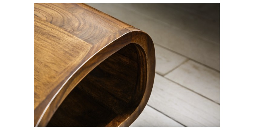 Table basse NERA 90 cm en bois massif de Sheesham avec niche et pieds métal noir – style rétro industriel