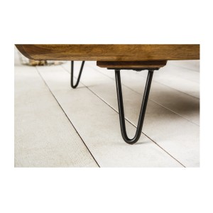 Table basse NERA 90 cm en bois massif de Sheesham avec niche et pieds métal noir – style rétro industriel