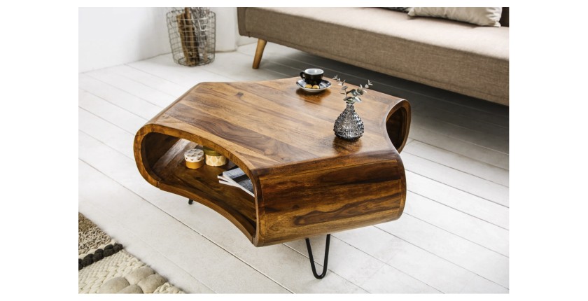 Table basse NERA 90 cm en bois massif de Sheesham avec niche et pieds métal noir – style rétro industriel