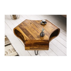 Table basse NERA 90 cm en bois massif de Sheesham avec niche et pieds métal noir – style rétro industriel